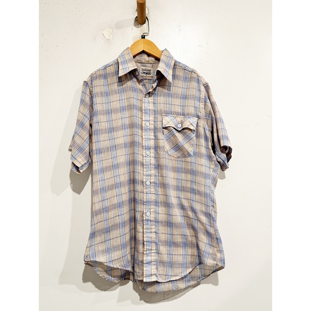 Levi's Vintage Blue and Tan Plaid Linen Short Sleeve Button Down Size Medium